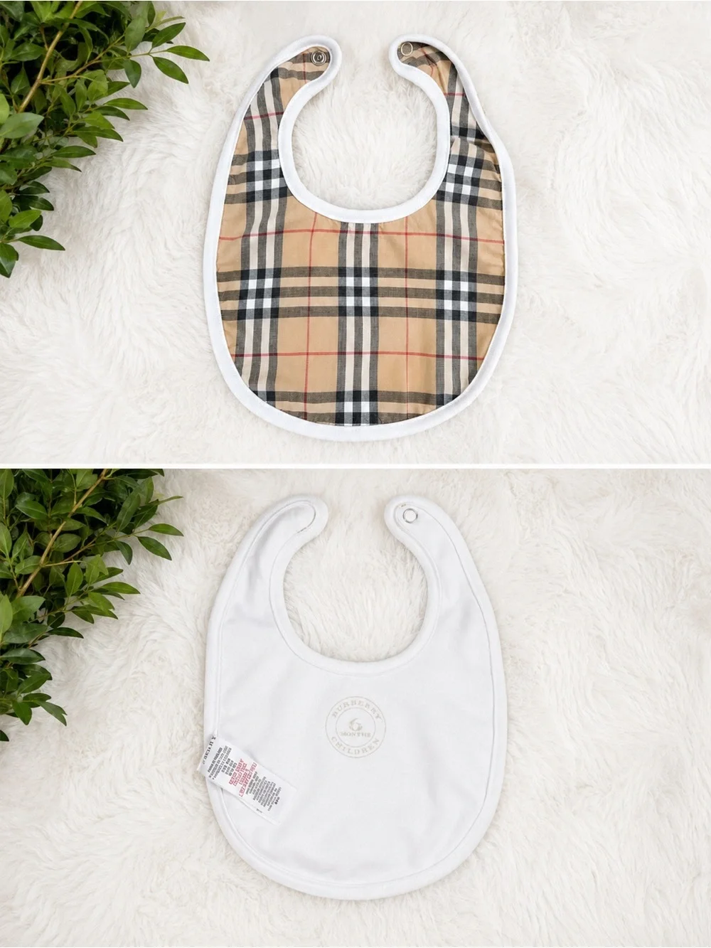 Burberry Baby Bib Size 6 Months Authentic Beige Check Plaid Baby Bib White Trim